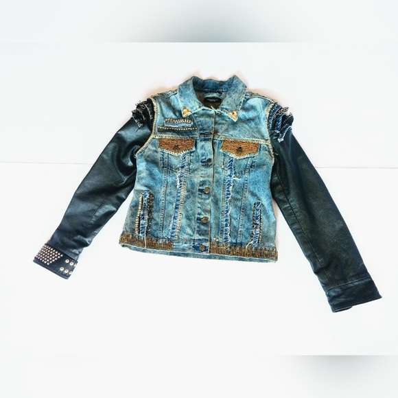 Customized Studded Denim and Leather Jacket - Picture 3 of 10